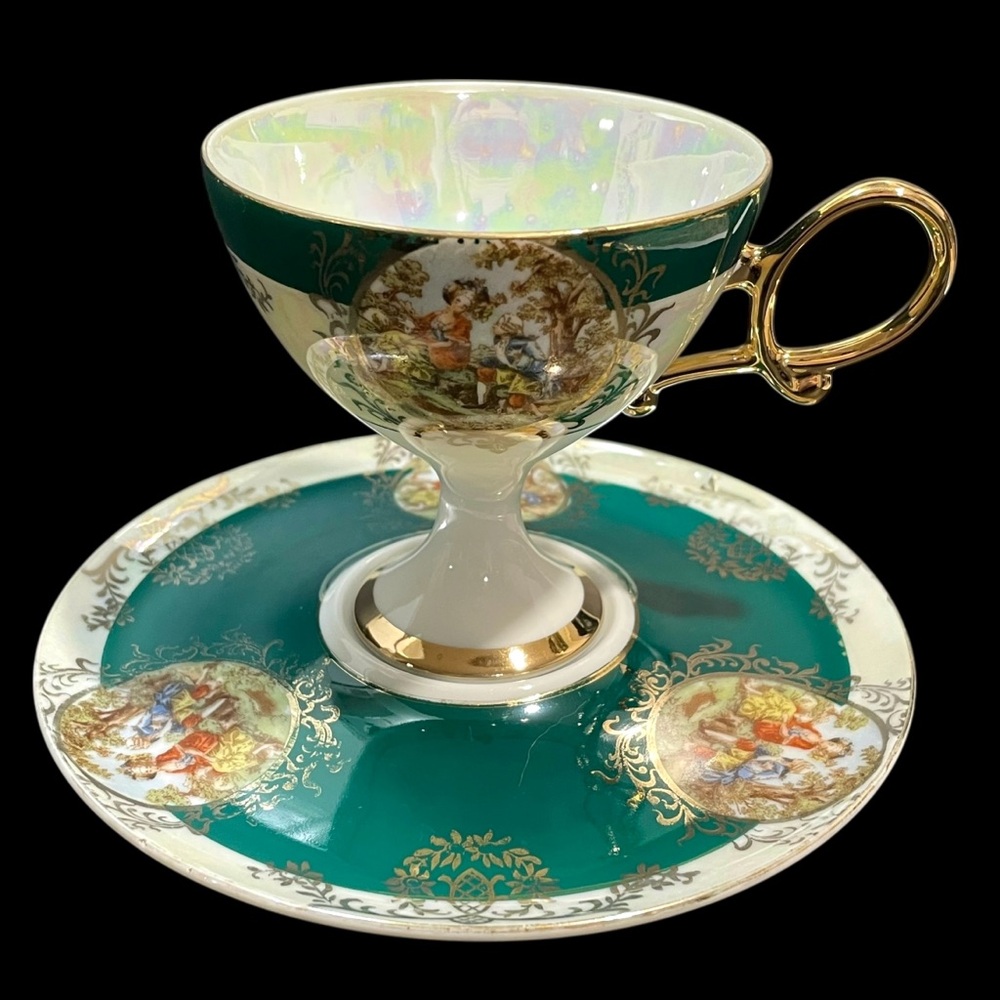 Vintage 1950s Shafford Japan Iridescent Pedestal Teacup and Saucer Set